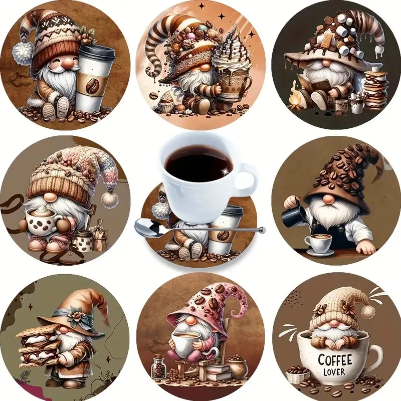 The 8-Piece Set of Pygmy Series Patterned Wooden Round Coasters Is Suitable for Easter, Carnival and Christmas Gifts