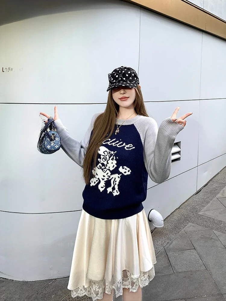 

Loose Knitted Sweater Jaet Women's Spring Autumn Embroidered round Ne Color Blo Design Casual Comfortable Top
