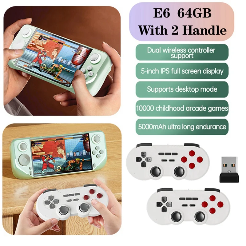 

E6 Handheld Game Console With Dual 2.4G Wireless Controller 10000+Games 5 Inch For GBA GBC PSP PS1 N64 C