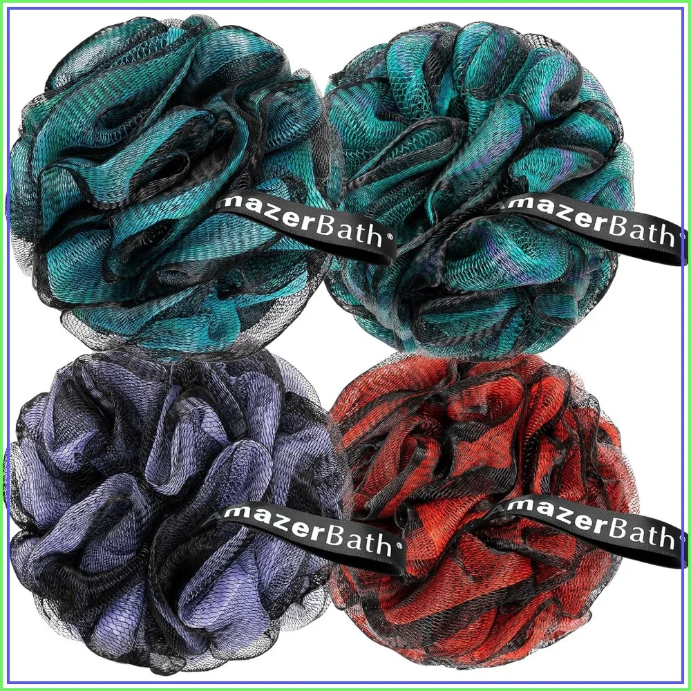 Charcoal Loofah Sponge, Shower Loofah 60g/PCS - Body Scrubber Loofa Set of 4 - Blue, Green, Purple & Red, Bath Sponge fo