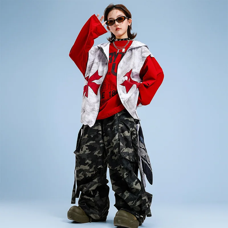 Abbigliamento Hip Hop Kpop per bambini Gilet con cappuccio bianco grigio Top Camo Street Stap Pantaloni cargo per paracadute per ragazza Ragazzo Costumi di danza Vestiti