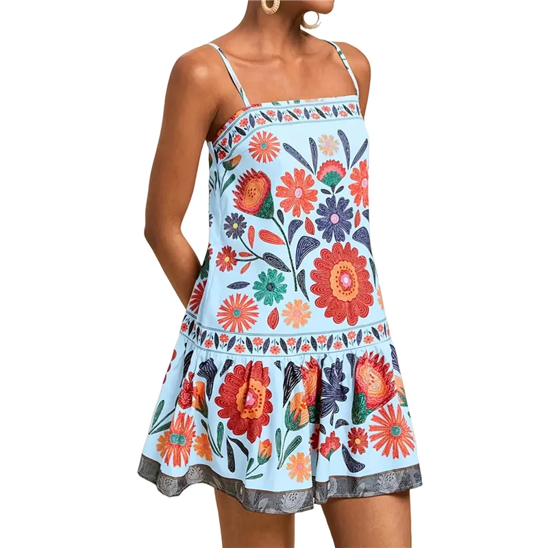ABRT-Vestito da donna floreale Boho Flowy Mini Cami- Abito con volant e cinturino per spaghetti Abiti da vacanza