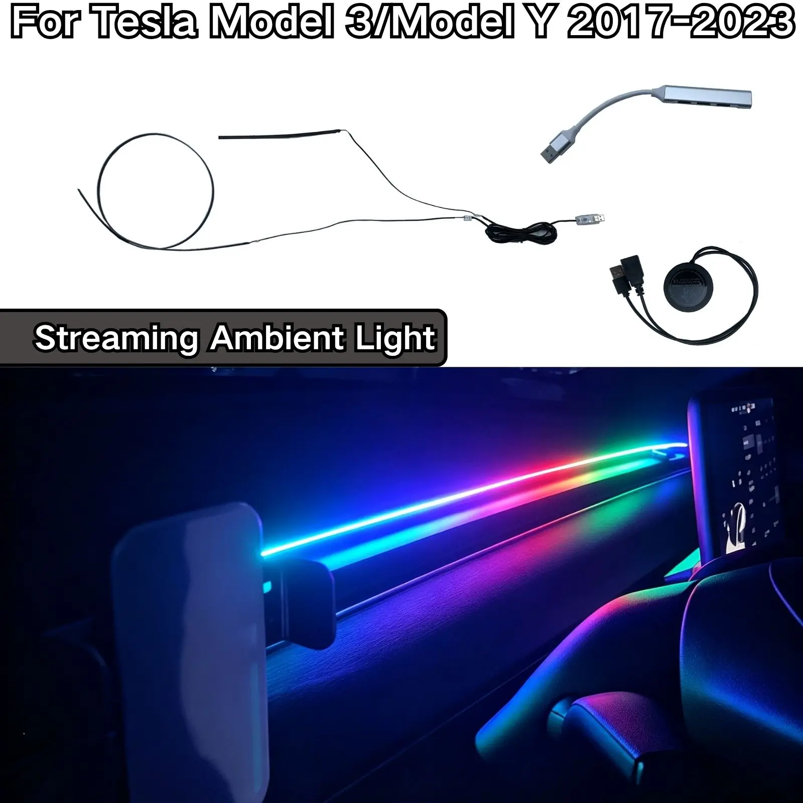 Streaming Ambient Light For Tesla Model 3/Model Y 2017-2023 Dashboard Flow Light APP Control USB Atmosphere RGB Strip Lamp Music