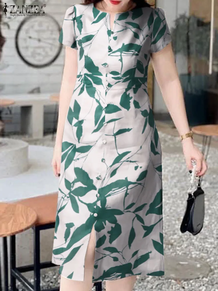 

ZANZEA Vintage Short Sleeve Dresses Women Casual Midi Dress Holiday Leaves Print Sundress Fashion 2024 Summer Slit Hem Long Robe