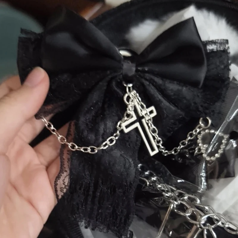 Gotische Haarspange mit Schleife, Spitze, Kreuzkette, Stoff-Haarklammer, Dekoration, Romantisches Vintage-Haaraccessoire für Frauen und Mädchen, Cosplay – Detail 8