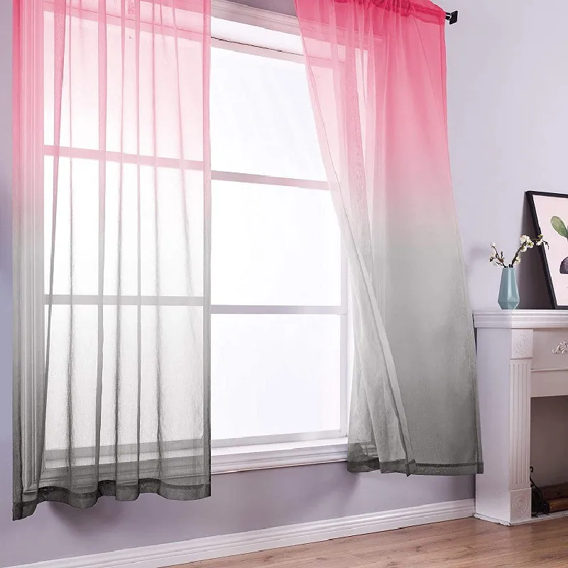 Pink Gray Sheer Curtains  Transparent Voile Grommet Curtains for Living Dining Room Drapes