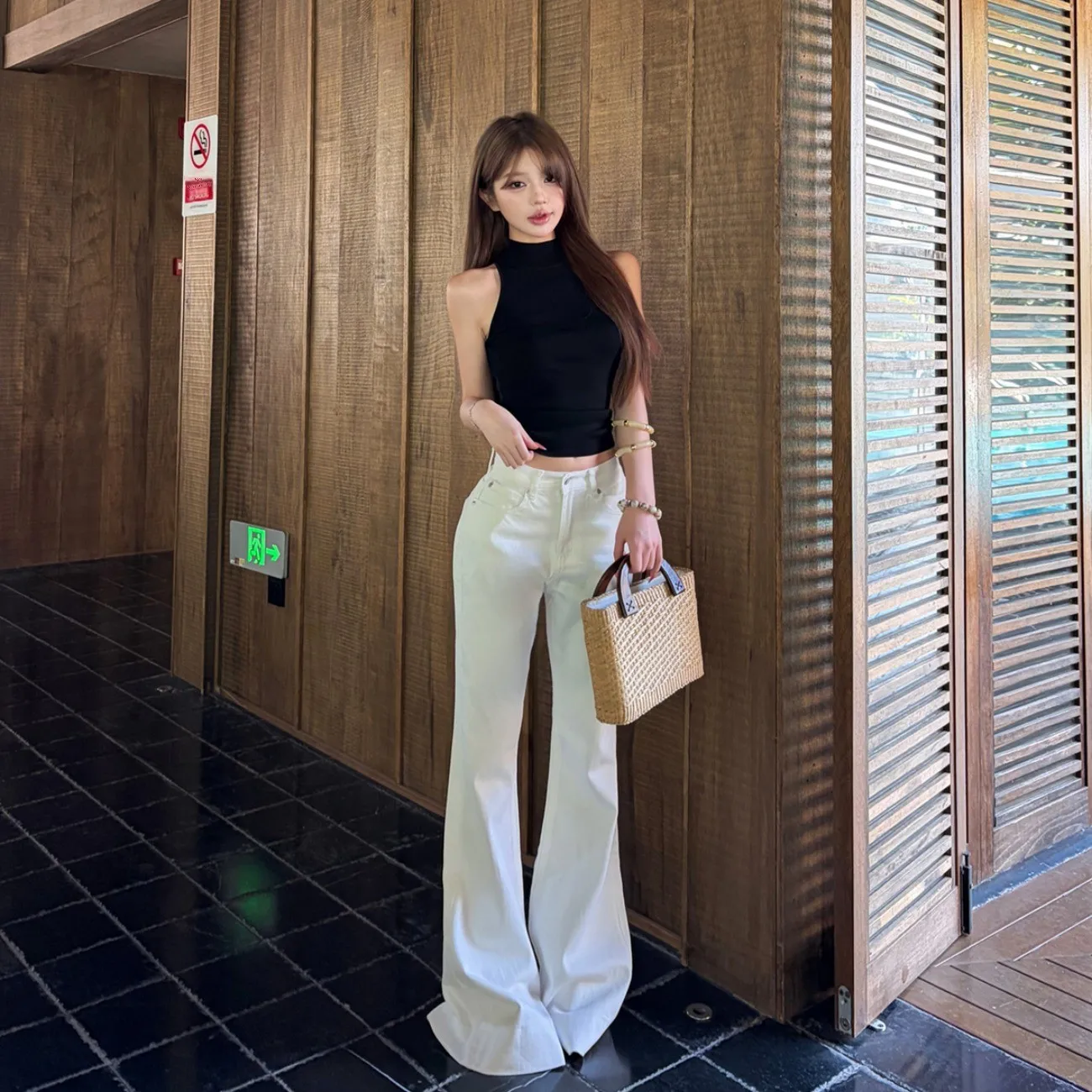 

Summer New High Collar Sleeveless Slim Fit Straight Jeans Floor-Length Pants Korean Style Casual High Waist Bell Bottoms