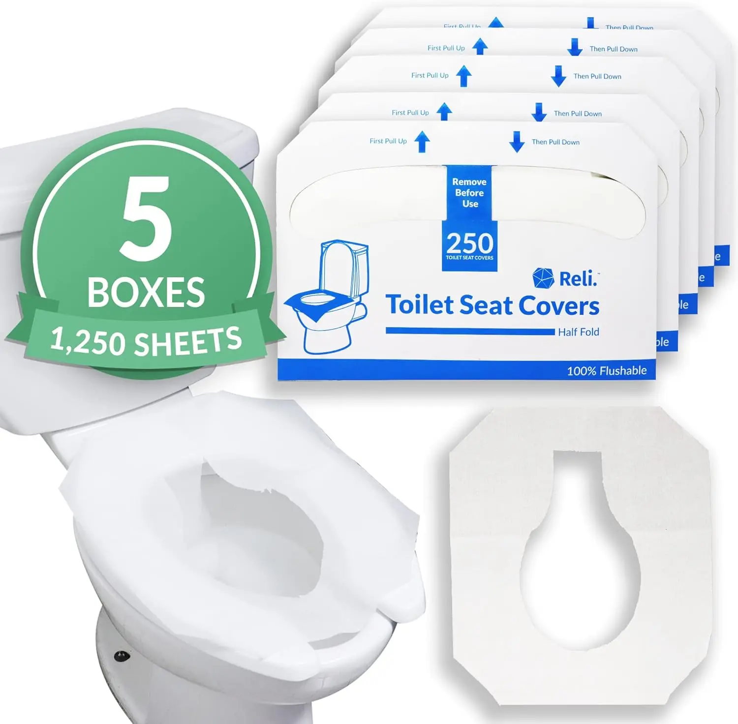 

Disposable Toilet Seat Covers, 1250 Pcs in 5 Packs, Flushable Paper Liners for Travel and Bathroom Use