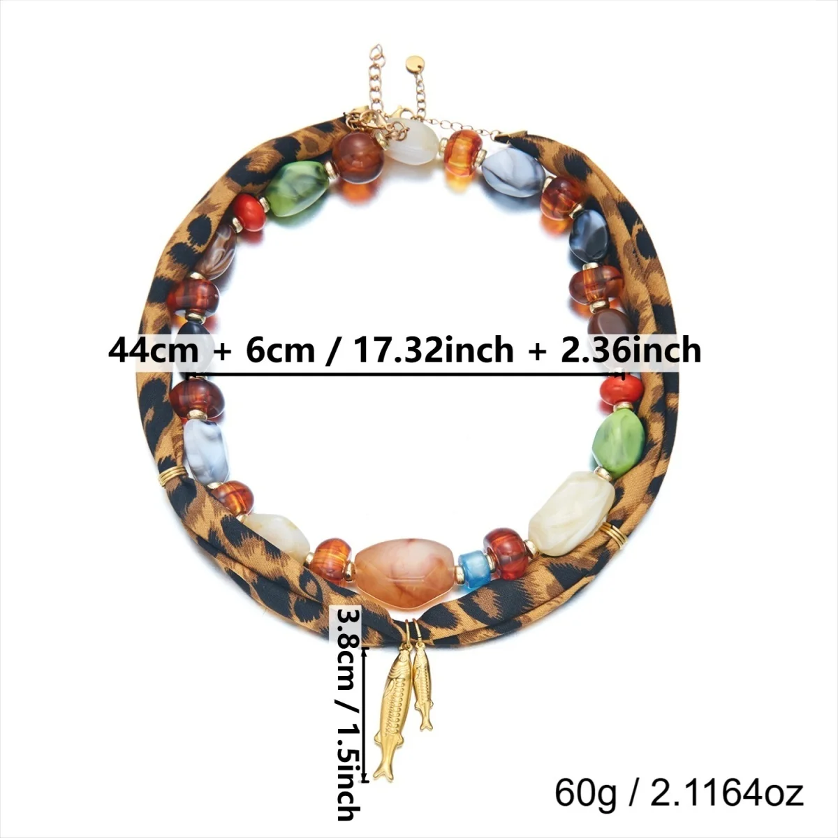 Leopardenmuster-Schalband-Halskette mit Acrylperlen und Edelstahl-Fischanhänger für Damen, Maillard Unregelmäßiger Perlen-Choker-Schmuck – Detail 30