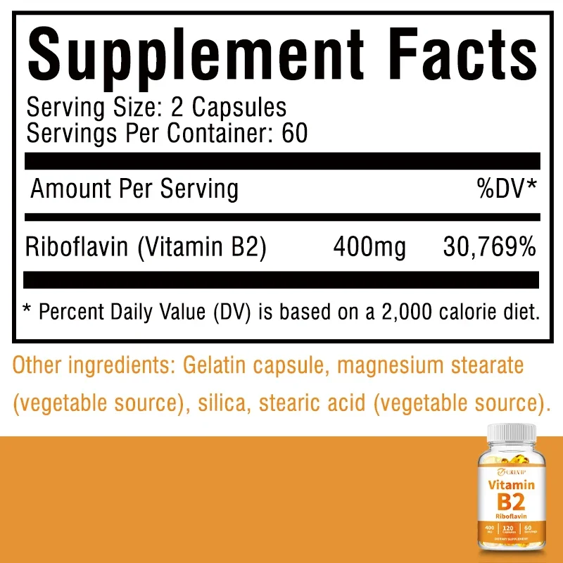 Vitamin B2 Capsules 400mg - Energy, Skin, Nervous System Support - Gluten-Free, Non-GMO