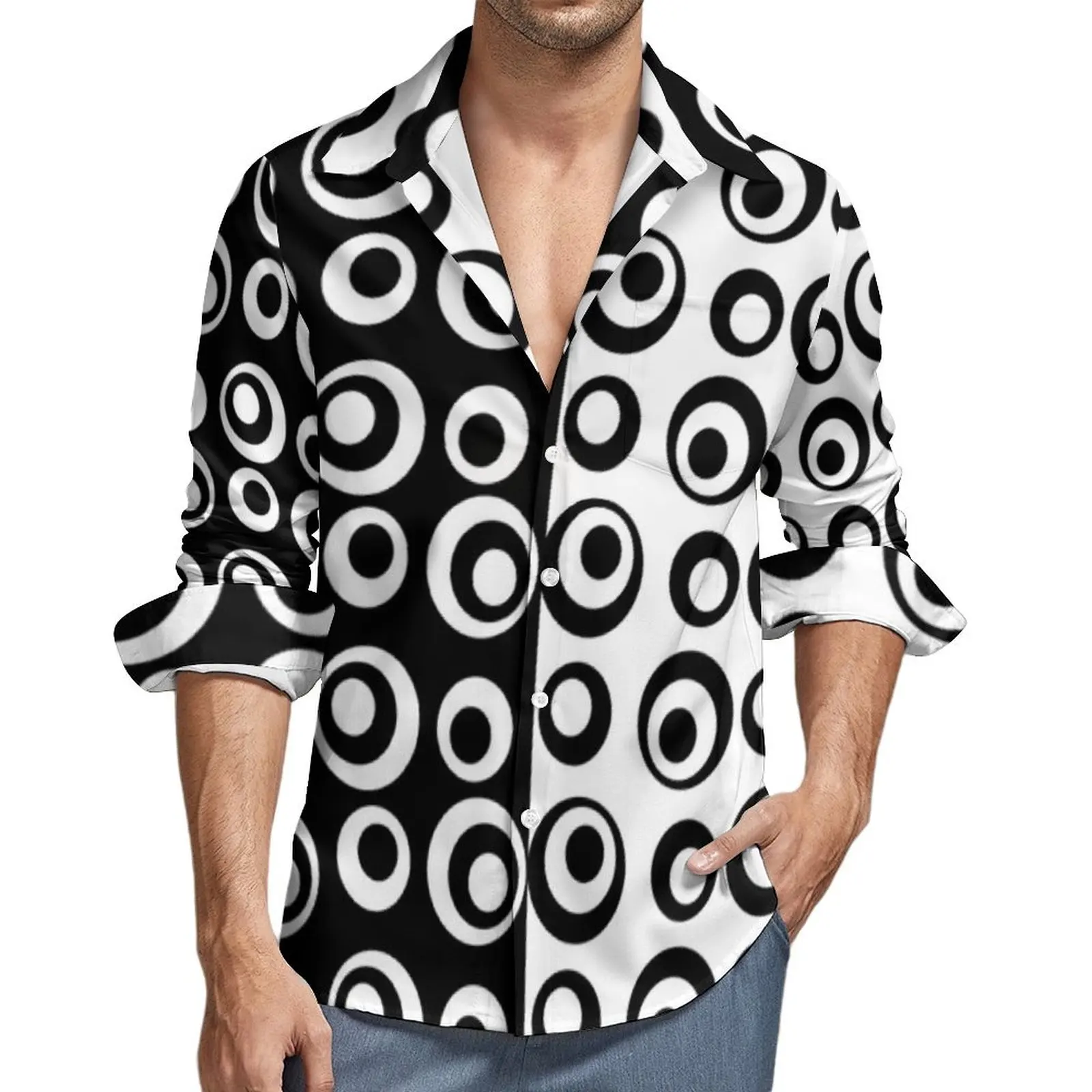 Black And White Two Tone Shirt Spring Mod Love Circles Dots Casual Shirts Male Retro Blouse Long Sleeve Design Harajuku Clothes