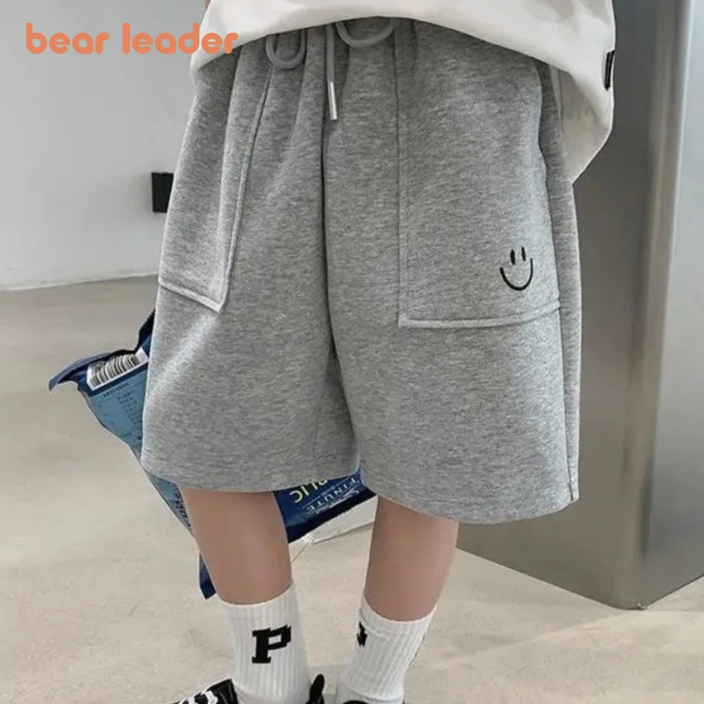 Bear Leader Children's Lace Up Elastic Shorts Boys Wearing Summer Thin Cartoon Smiling Face Gray Sports Pants Kids Shorts