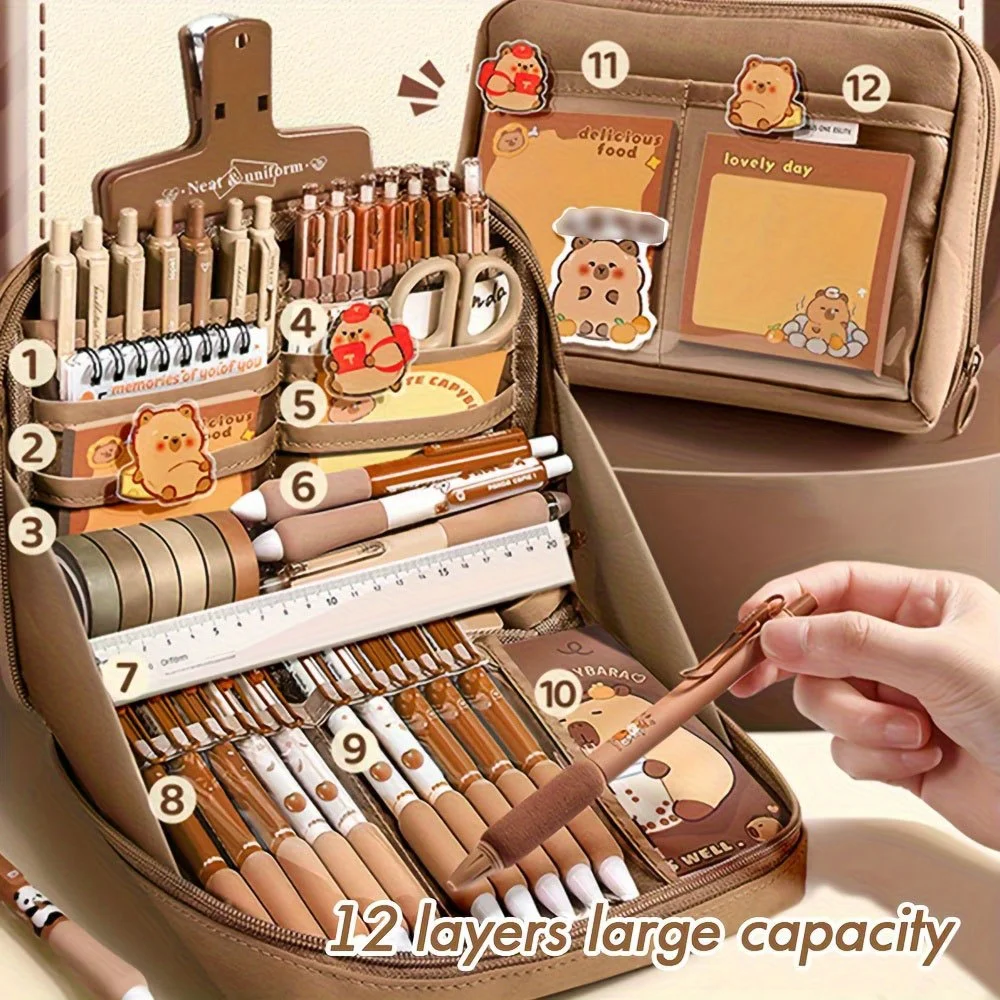 学生向けのかわいいカピバラ文具ギフトセット、ソフトグリップペン、ノートブック、筆箱、学習必需品パックが特徴です