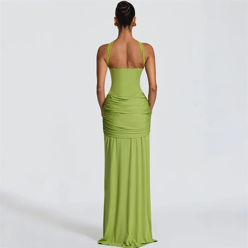 Sexy Green Prom Dress Halter Sleeveless Tie‑Knot Waist‑Draped Long Sheath Party Gown Slim‑Fit Backless Autumn Evening Robe