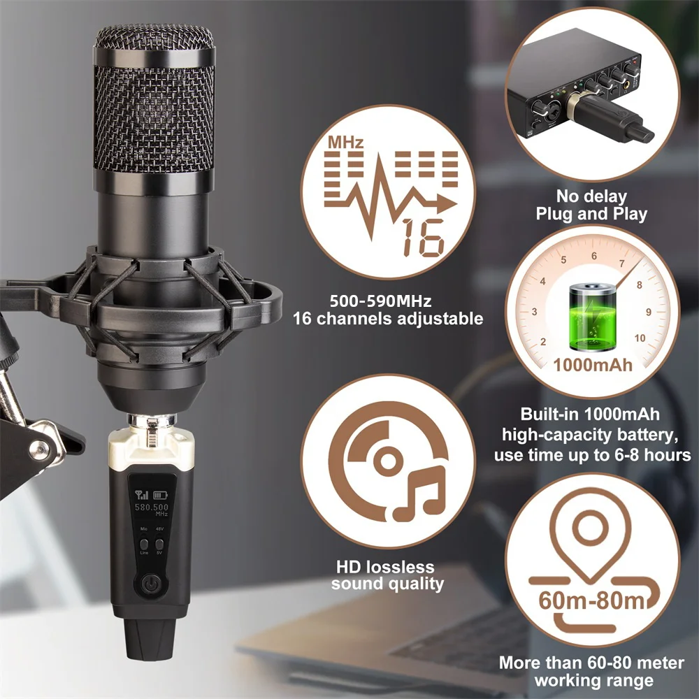 Wireless Microphone System UHF Transmitter and Receiver Audio Transmission System XLR Converter for Condenser Dynamic Mic Guitar