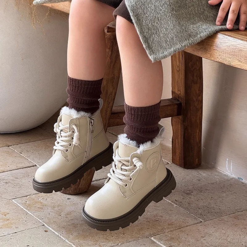 

Children's Padded Fashion Short Boots 3-18 Years Old Beige Padded Thickened Boys Girls Cotton Shoes Non-slip Kids Leather Boots