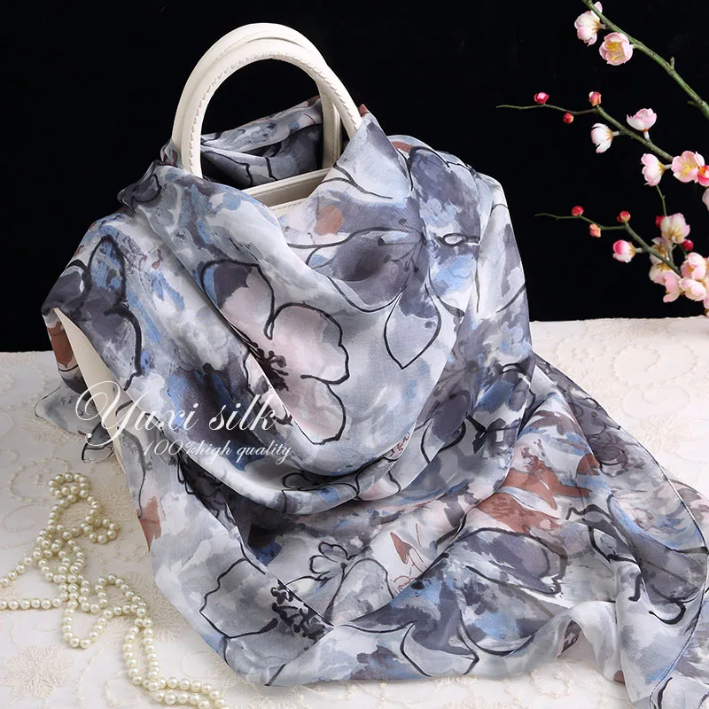 

High Quality Ink Flower 100% Silk Long Scarf Shawl Women's Spring, Autumn and Winter Summer