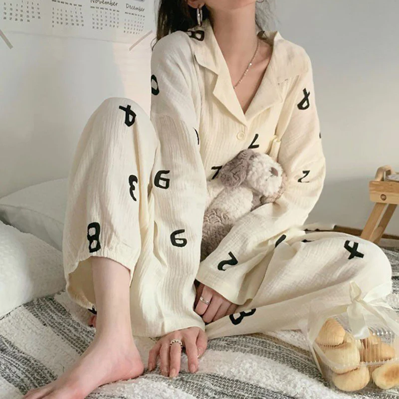 Number Sleepwear Women Pajama Sets Korean Piiama Pocket Night Wears Autumn Pants Sets 2 Pieces Button Long Sleeve Home Suit New