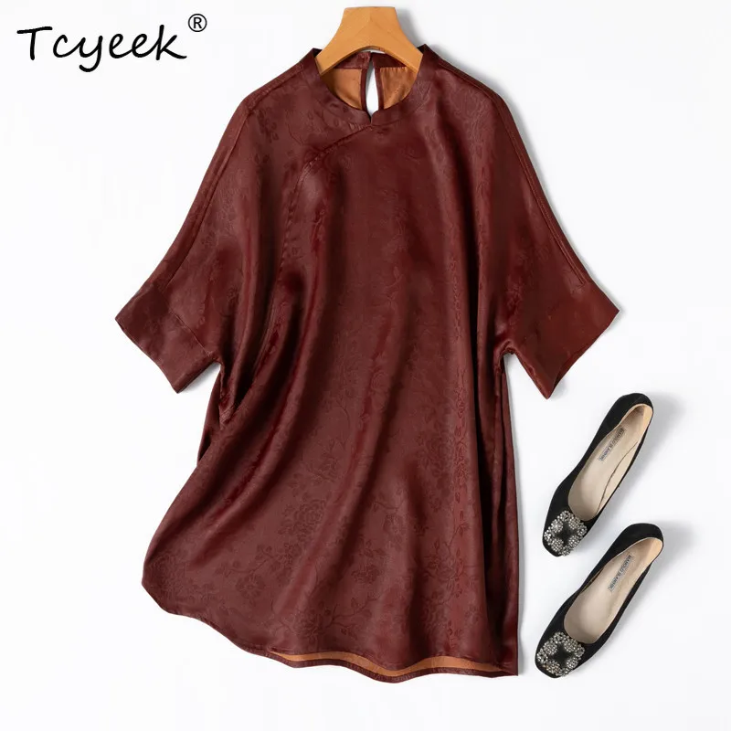 

Tcyeek 100% Real Silk Women Shirts 2026 Summer Breathable Retro Chinese-style Stand Collar Loose Top Woman Clothes Ropa De Mujer