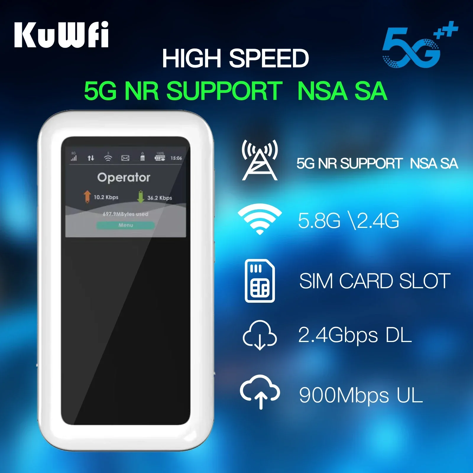 KuWFi M46-e AX1800 5G E-Sim راوتر محمول بسرعة 1800 ميجابت في الثانية عالي الأداء بطارية متنقلة 4500 Mah 5G راوتر واي فاي صغير