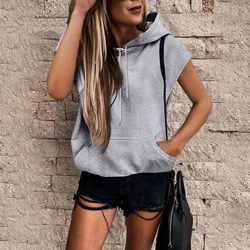 Y2K Street Sleeveless Hoodies Women Solid Color Loose Casual Vest Pullovers Summer Pocket Drawstring Sportwear Clothes Plus Size