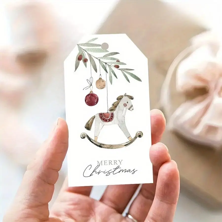 1/5/10/20/50/100pcs Vintage Christmas Gift Tags with Twine - Elegant Rocking Horse, Cranberries & Wreath, for Wrapping & Decorat