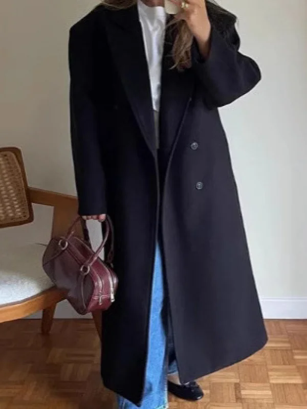 

Ele Long Woolen Coat with Suit Collar for Commuting Autumn Winter Ladylike Sle Loose Fit Thiened Double Breasted