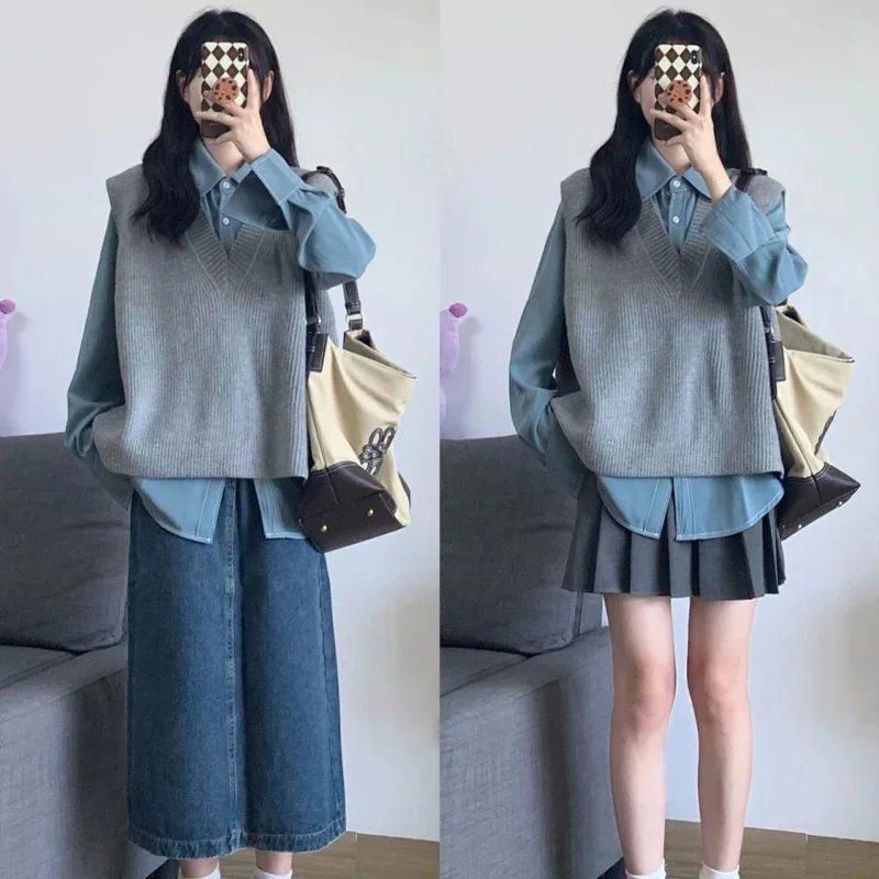 Spring Autumn Retro Fashion Layered Knitted Sweater Vest+blue Long Sleeve Shirt Casual Commuting Fashion Two Piece Set for Women