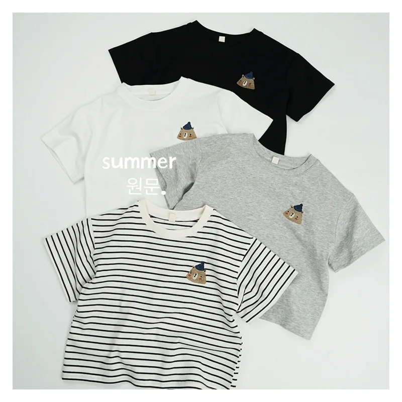 Kids Cartoon Bear Embroidery T-shirt Summer Short Sleeve Casual Tops Boys Girls Basic Tees 4 Colors