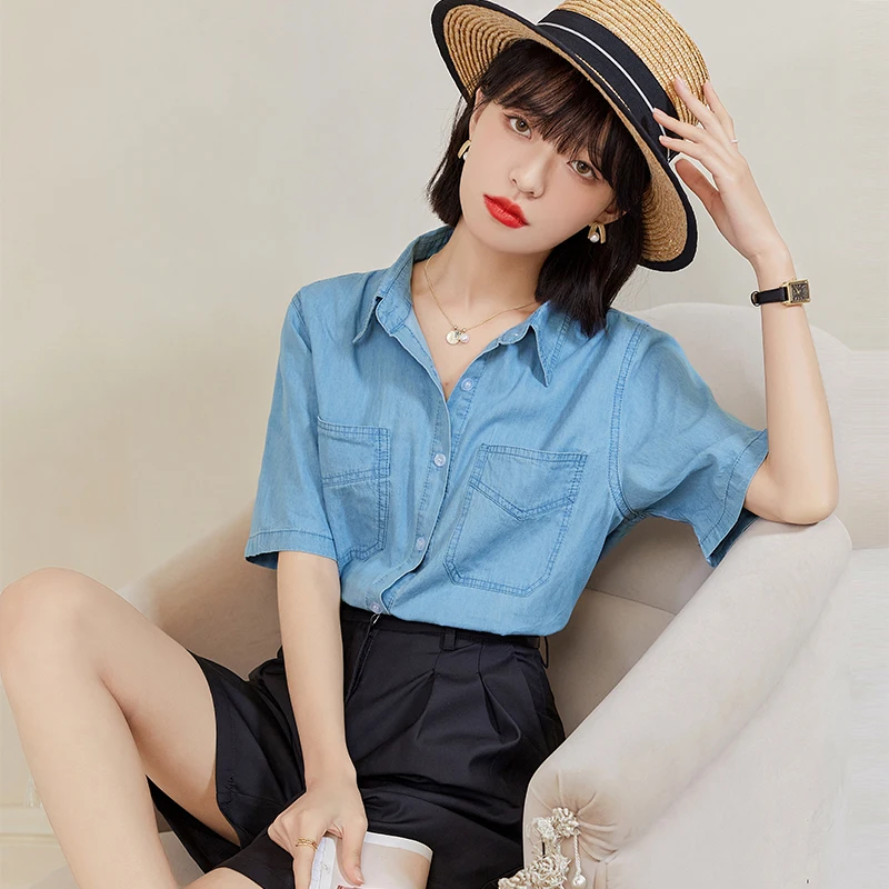 

2023 Summer New European Station Fashion Thin Denim Shirt Top Women's Thin Loose Denim Short Sleeve T-shirt Top