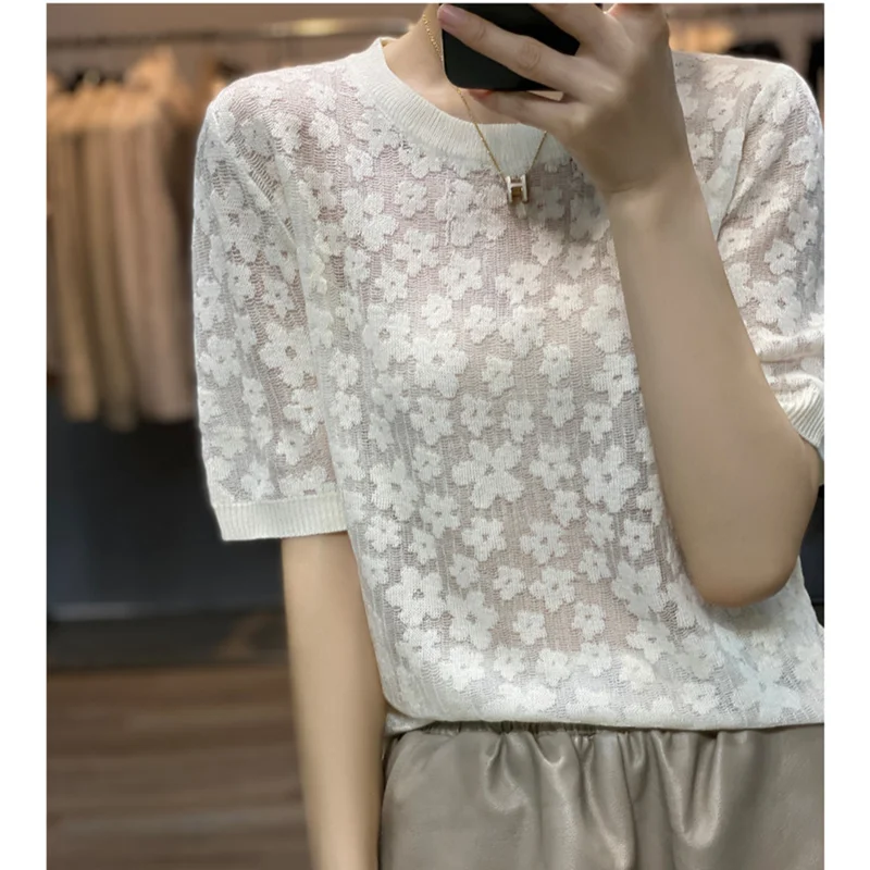 French elegant knit short sleeve women\'s round collar floral mulberry silk T - shirt thin temperament loose ice silk jacket