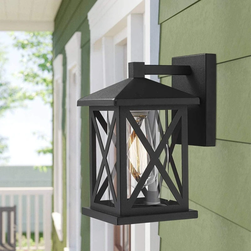 Minimalist Black Forged Iron LED Wall Lamps Outdoor Waterproof Clear Glass Wall Sconces Corridor Aisle Entrance Balcony Lighting