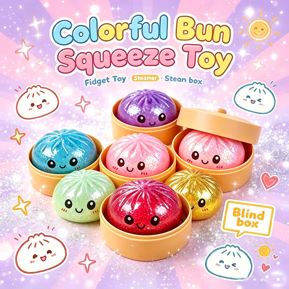 

Mini New Glitter Steamed Bun Squeeze Toy Simulation Bao with Bamboo Steamer Soft Stress Relief Fidget Toy Beads Sparkles Toys