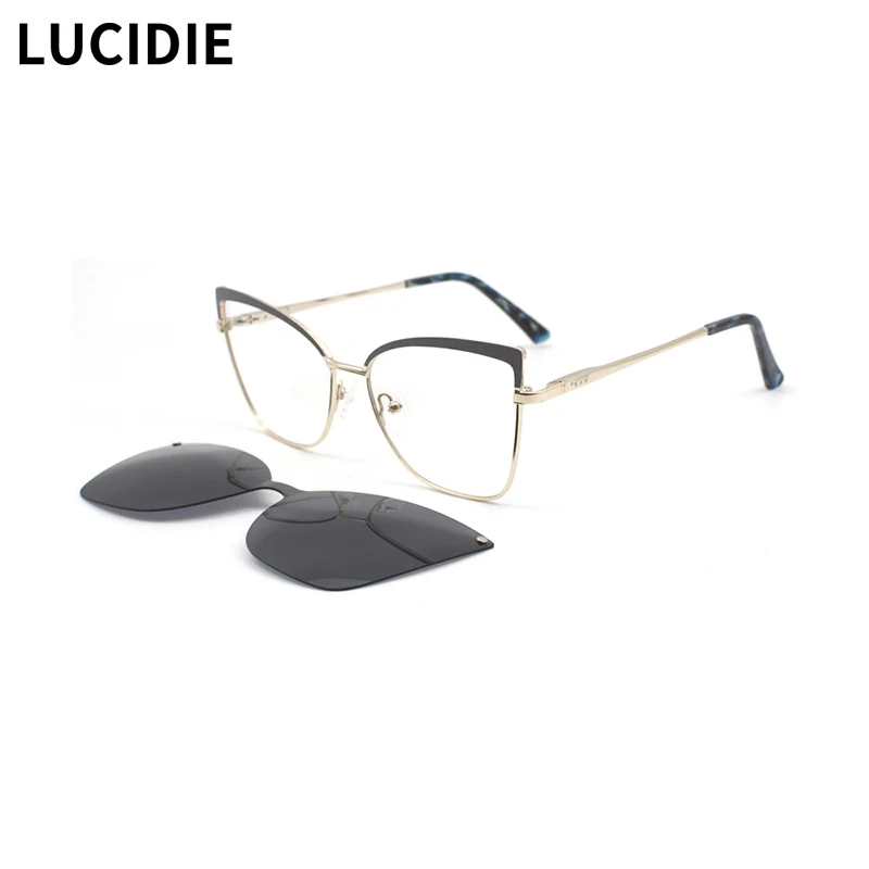 LUCIDIE 2 IN 1 Cat Eye Metal Vintage Polarized Sunglasses Women Fashion Optical Myopia Eyeglasses Frames Frame with Clip FN19003