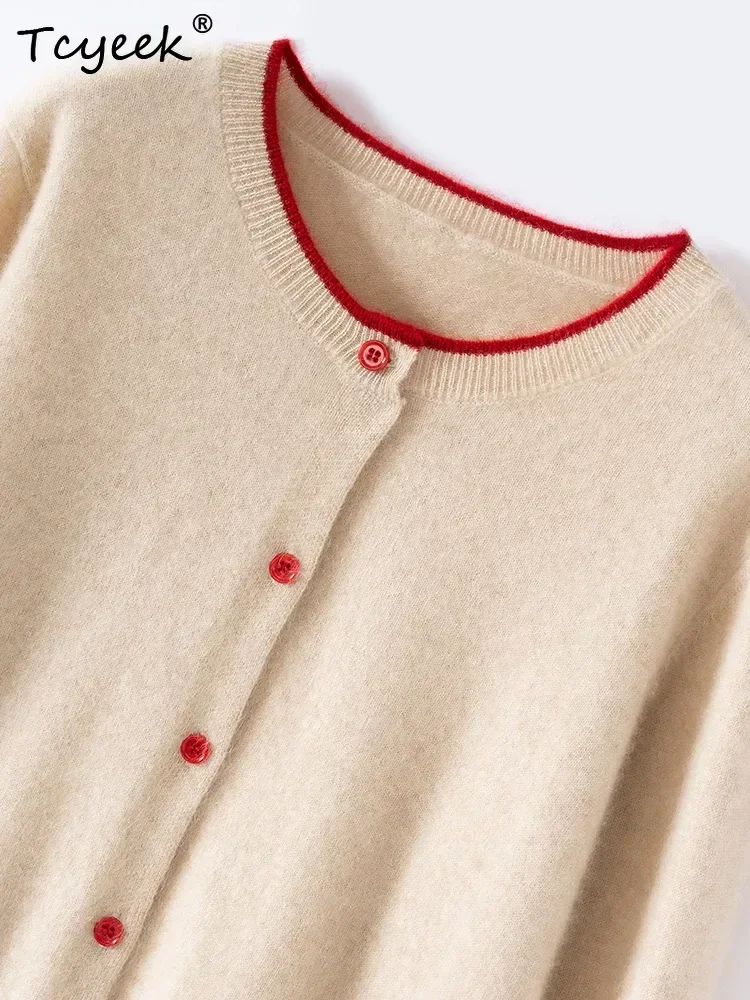 Elegant Women's Cardigan Sweater 100% Cashmere Sweater O-Neck Spring Autumn Long Sleeve Colorful Edge Female Sweet Warm Knitwear