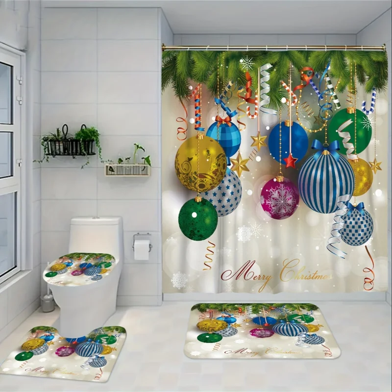 

Рождественский набор для ванной комнаты из 4 предметов, водонепроницаемая занавеска для душа с 12 крючками, нескользящий коврик, U-образный коврик, накладка на крышку унитаза, ванна