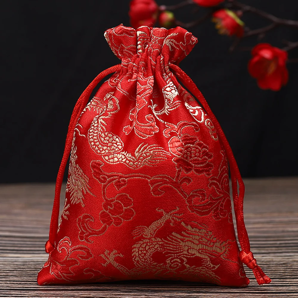 Candy Favour Drawstring Gift Embroidered Party Pouch Satin Jewelry Packaging Bag Storage Bag