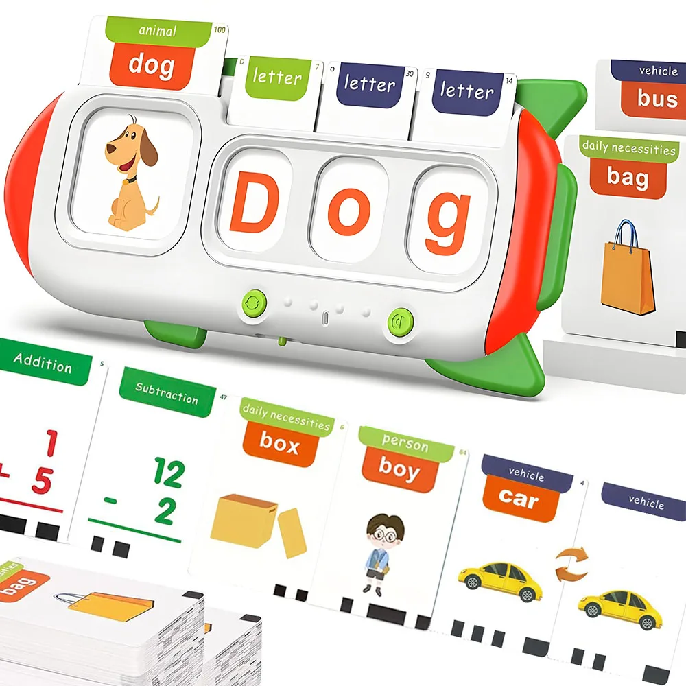 Máquina de cartão flash para crianças – Brinquedo de educação infantil de ortografia, matemática e música em inglês com feedback de som – recarregável