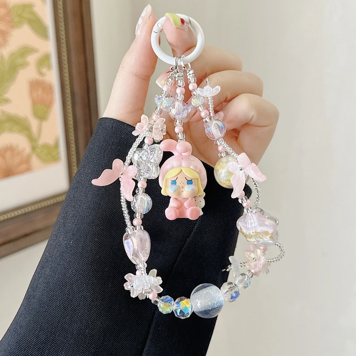 

New POP BEAN Diy Crybaby Zsiga Pajama Cute Beans Handmade Creative Sweet Moblie Phone Chain Pink Beaded Kawaii Keychain for Gift