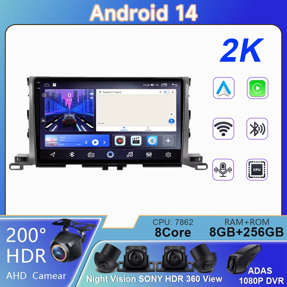 

For Toyota Highlander 2014-2019 Wireless Carplay Navigation Multimedia Video Player Android Auto GPS WIFI Android 14 Car Radio