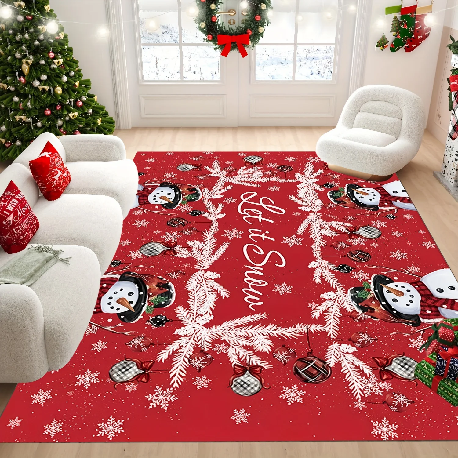 1pc Let It Snow Snowman Printed Area Rug, 2D Flat Print, Indoor Floor Mat for Living Room, Xmas Home Decor