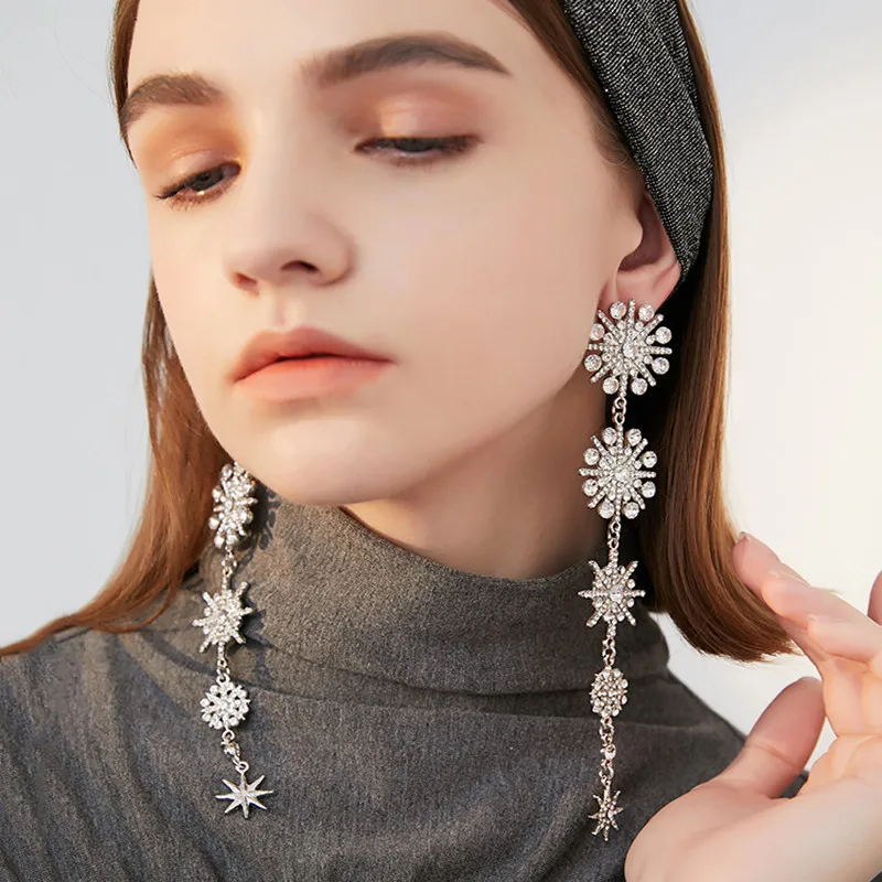 European and American oversized exaggerated long fringe earrings female Snowflake eight star pendant South Korean Internet star