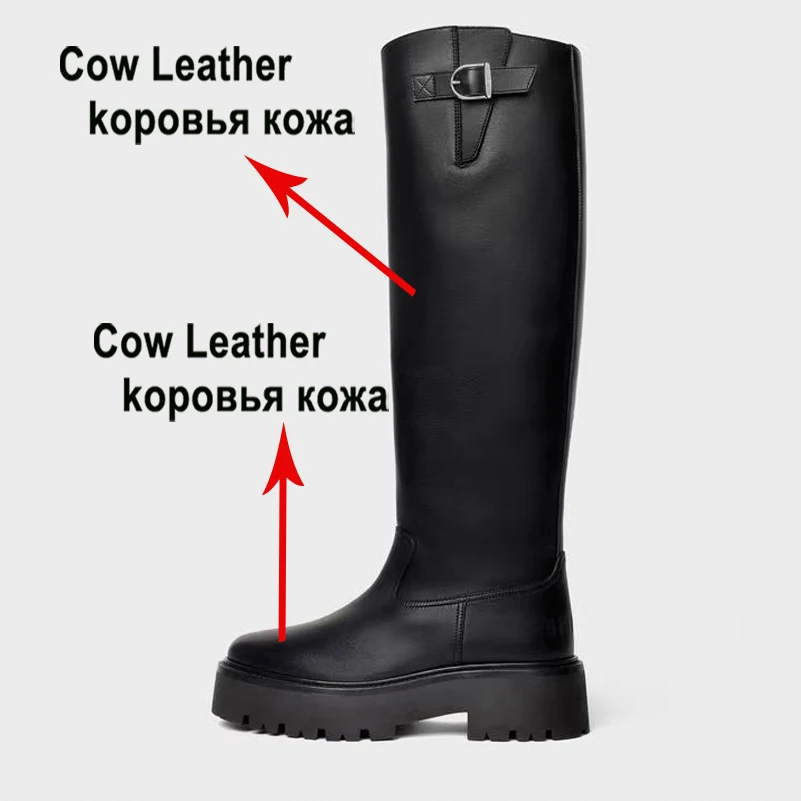 Meotina Women Genuine Leather Riding Boots Round Toe Knee High Boots Platform Buckle Long Boots Ladies Shoes Autumn Winter 41