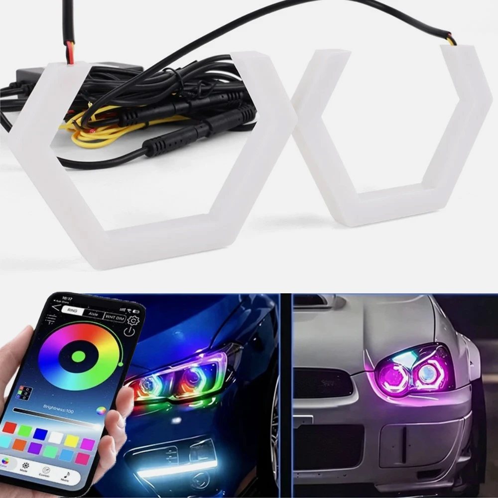 2PCS Angel Eye Hexagonal Ring RGB+Amber Turn Signal, Bluetooth APP Control Car Motorcycle DRL Headlights Decoration Angel Eye