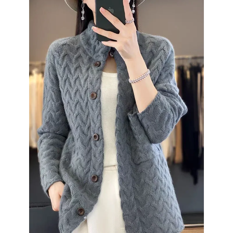 

Women's Thickened Streak-up Stand-collar Top Loose Solid Color Long-sleeved Knitted Sweater Jacket