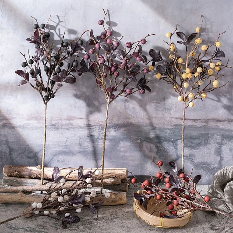 5Pcs Retro Bean Branch Berry Artificial Flowers Christmas Decor Cuttings New Year Home Living Room Party Halloween Layout Crafts