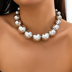 Exaggerated Big Ball Choker Necklace For Women Men Punk Vintage Gold Silver Color Chunky Clavicle Chain