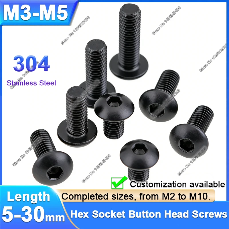 Black 304 Stainless Steel Hexagon Hex Socket Button Head Cap Screws Round Allen Bolt for Electronic Equipment Furniture M3 M4 M5