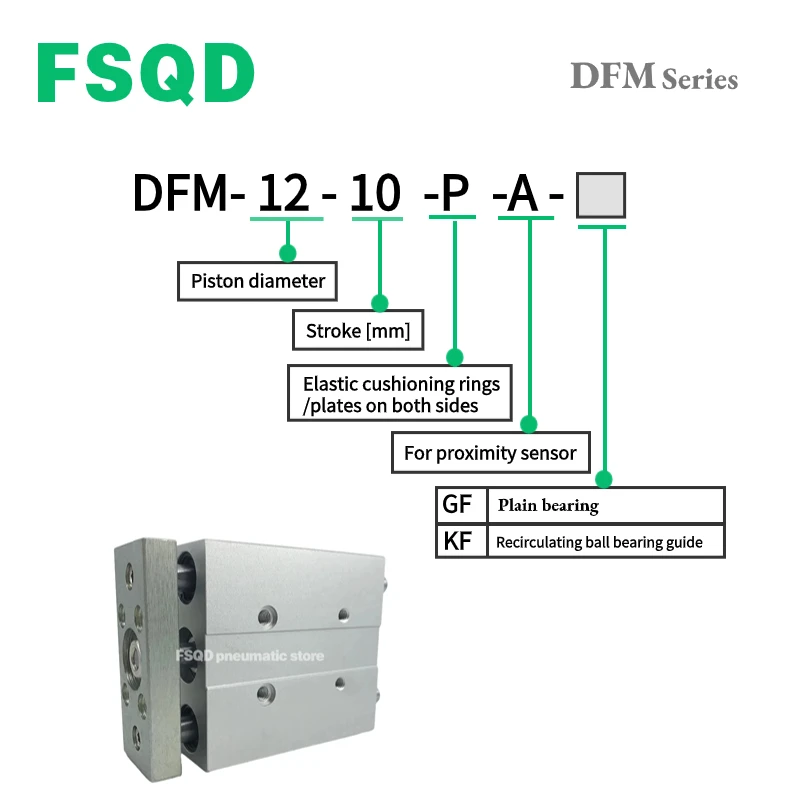 DFM-12 16 20 25 32 40 50 63-25 30 40 50 80 100 125 150 175 200-P-A-GF-KF FSQD Guided Cylinders DFM Series double-acting