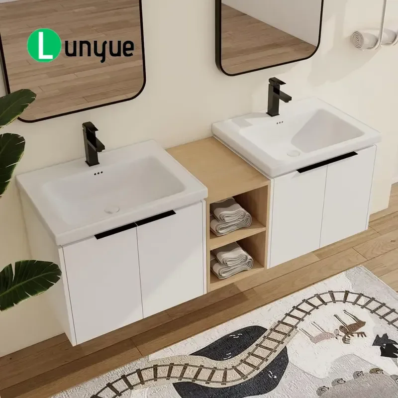 Vintage Double Sink Bathroom Vanity Cabinet Floating Wall Mounted Makeup Storage Unit Modern Home Decor Space Saving Design